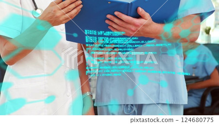 Image of data processing and chemical formula over caucasian doctors holding clipboard Image of data processing and chemical formula over caucasian doctors holding clipboard 124680775