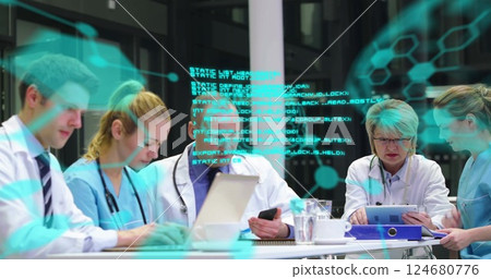 Image of data processing and chemical formula over caucasian doctors at meetin in office Image of data processing and chemical formula over caucasian doctors at meetin in office 124680776