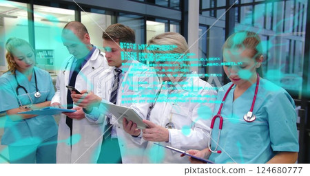 Image of data processing and chemical formula over caucasian doctors using technology Image of data processing and chemical formula over caucasian doctors using technology 124680777