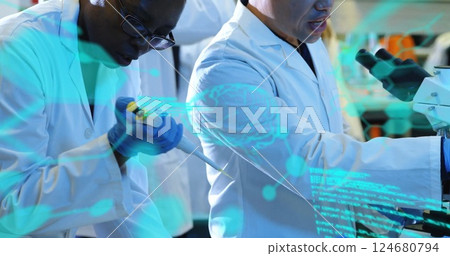 Image of data processing and chemical formula over diverse scientists doing experiment Image of data processing and chemical formula over diverse scientists doing experiment 124680794