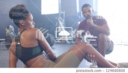 Image of digital data processing over diverse people exercising in gym 124680808