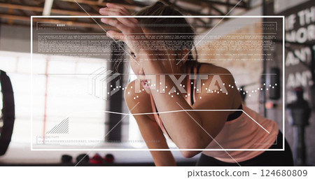 Image of digital data processing over biracial woman exercising in gym 124680809