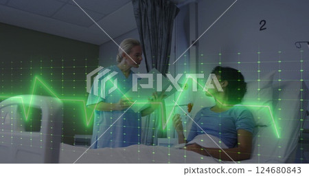 Image of cardiograph over diverse female doctor with female patient 124680843