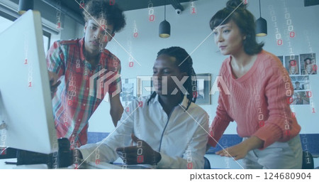 Image of data processing over diverse colleagues working in office 124680904
