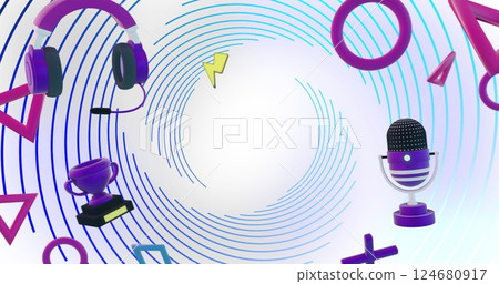 Image of game controllers, equipment and icons over blue spiral lines processing 124680917