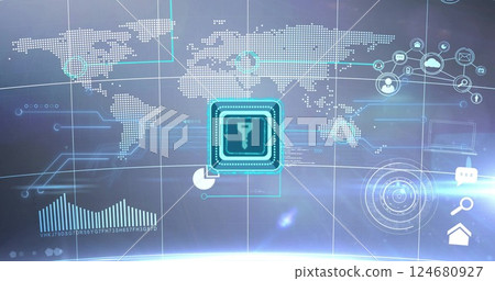 Image of key icon and data processing over world map 124680927