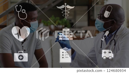Image of medical icons over african american male doctor and patient discussing vaccine 124680934
