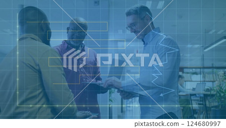 Image of financial data processing over diverse business people in office 124680997