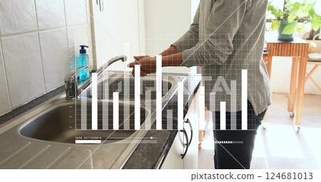 Image of financial data processing over caucasian woman washing hands 124681013