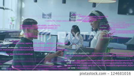 Image of data processing over diverse colleagues discussing work in office 124681016