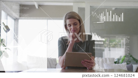 Image of financial data processing over caucasian woman using tablet Image of financial data processing over caucasian woman using tablet 124681024