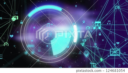 Image of scope scanning and network of connections with icons on black background 124681054