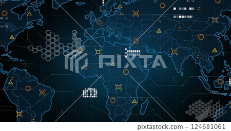 Image of world map and network of connections on black background Image of world map and network of connections on black background 124681061