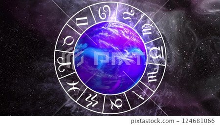 Image of circle with zodiac symbols over globe on black background 124681066