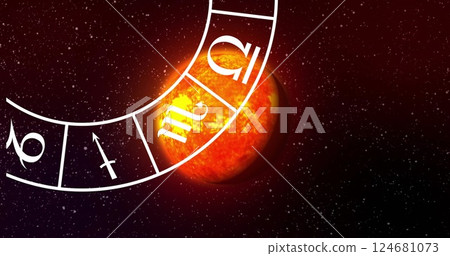 Image of circle with zodiac symbols over globe on black background 124681073