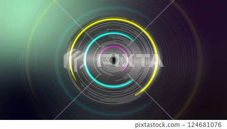 Image of colourful circles spinning on black background Image of colourful circles spinning on black background 124681076
