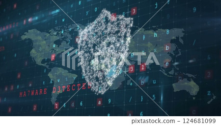 Image of shield, digital data processing and world map over dark background 124681099