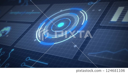 Image of digital data processing over screens on dark background 124681106