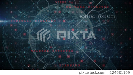 Image of text, digital data processing and globe over dark background 124681109