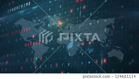 Image of digital data processing and world map over dark background 124681114