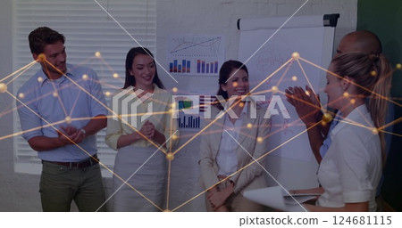 Image of network of connections over diverse business people in office 124681115