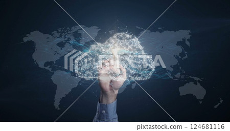 Image of data processing and world map over dark background 124681116