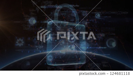 Image of padlock, digital data processing and globe over dark background 124681118