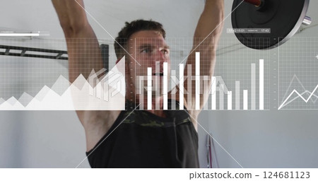 Image of data processing over caucasian man lifting barbell at gym 124681123