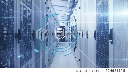 Image of shield icon and digital data processing over computer servers 124681126