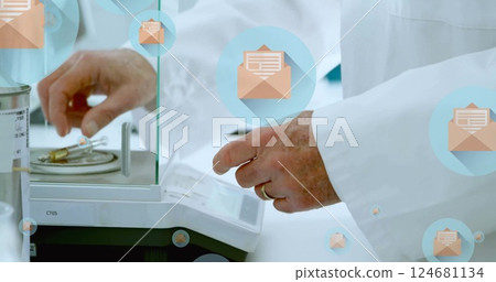 Image of mail icons and data processing over caucasian male scientist in laboratory 124681134
