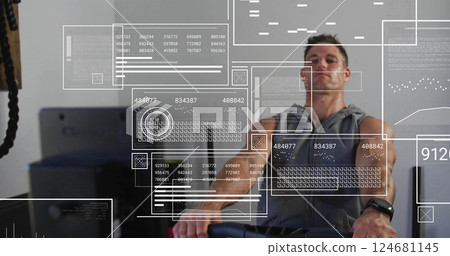Image of data processing over caucasian man using indoor rower at gym 124681145