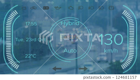 Image of digital data processing over electric car screen and cityscape 124681157