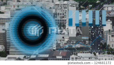 Image of data processing and scope scanning over cityscape Image of data processing and scope scanning over cityscape 124681172
