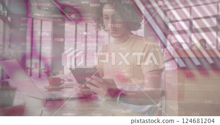 Image of financial data processing over biracial man using tablet Image of financial data processing over biracial man using tablet 124681204