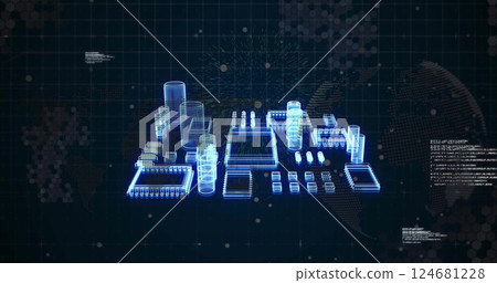 Image of computer circuit board and data processing over globe on black background 124681228