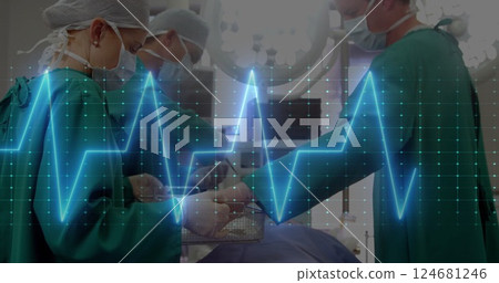 Image of cardiograph over caucasian surgeons with face masks in operating room Image of cardiograph over caucasian surgeons with face masks in operating room 124681246