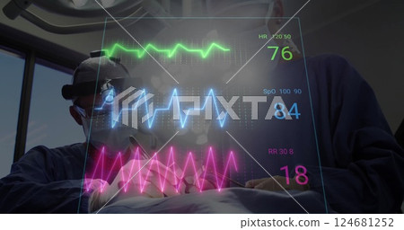 Image of blue and green cardiograph over caucasian surgeons with face masks in operating room Image of blue and green cardiograph over caucasian surgeons with face masks in operating room 124681252