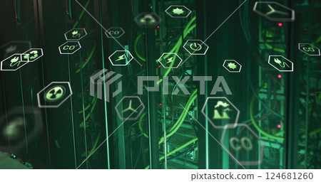 Image of ecology icons over server room 124681260