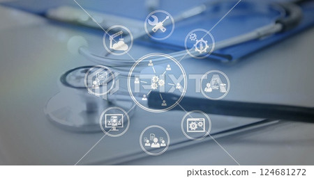 Image of media icons over clipboard and stethoscope Image of media icons over clipboard and stethoscope 124681272
