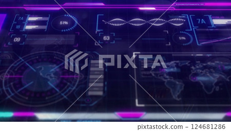 Image of data processing and diagrams over world map and dna strand 124681286