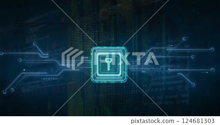 Image of key icon and digital data processing over computer circuit board 124681303
