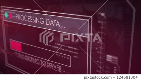 Image of data processing and loading bar over caucasian colleagues discussing work 124681304