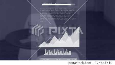 Image of financial data processing over empty office Image of financial data processing over empty office 124681310
