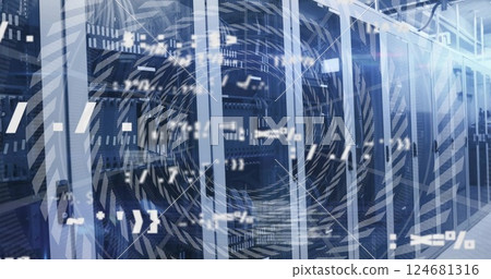Image of data processing with circles over server room 124681316
