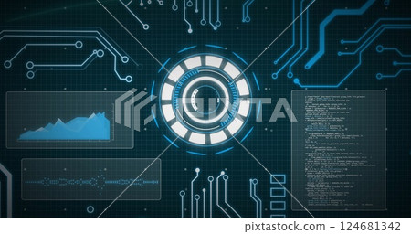 Image of data processing and scope scanning over black background Image of data processing and scope scanning over black background 124681342