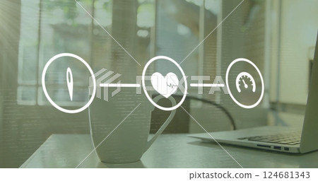 Image of network of connections with icons over empty office with laptop 124681343