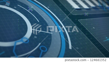 Image of network of connections, data processing and scope scanning over blue background Image of network of connections, data processing and scope scanning over blue background 124681352