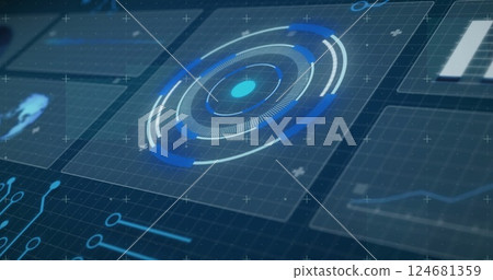Image of network of connections, data processing and scope scanning over blue background Image of network of connections, data processing and scope scanning over blue background 124681359