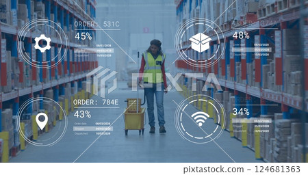 Image of data processing and media icons over biracial female worker walking in warehouse Image of data processing and media icons over biracial female worker walking in warehouse 124681363