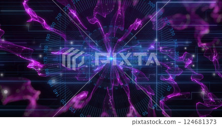Image of data processing and purple shapes on black background 124681373